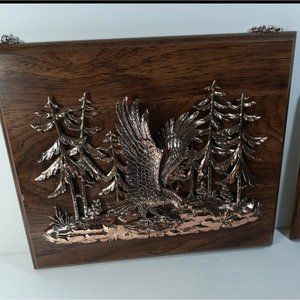 Vintage A&F Wooden Wall Plaque with 3D Faux Copper Deer Scene Made in Canada